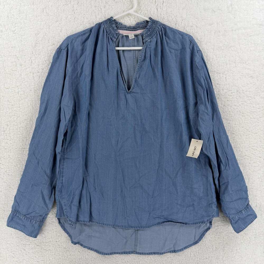ON 34TH‎ Shirt Womens Medium Blue Lyocell Chambray V Neck Tunic Top Long Sleeve